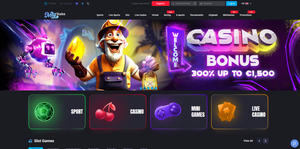 MyStake non GamStop casino homepage interface
